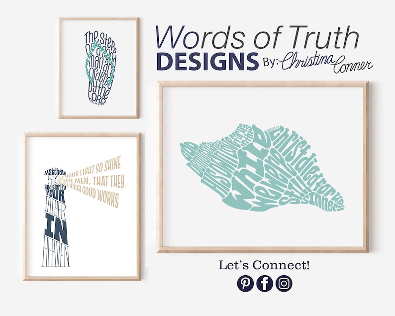 May include: Three framed prints with typography designs. The top print features a blue and green footprint with the text "The Steps of a Good Man are Ordered by the Lord". The middle print features a blue and gold lighthouse with the text "Matthew 5:16 Let your light so shine before men, that they may see your good works". The bottom print features a blue and green seashell with the text "White, Christ died for sinners".