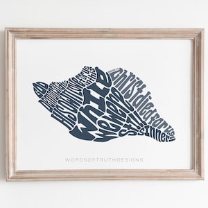 Crustacean Core Seashell Wall Art Print, Nautical Romans 5:8 Bible Verse Print, Coastal Bohemian Bathroom Wall Art Decor for Beach House