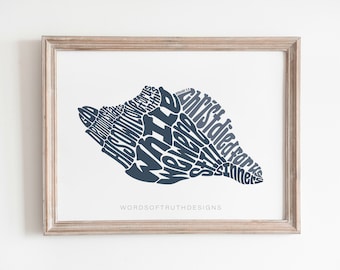 Crustacean Core Seashell Wall Art Print, Nautical Romans 5:8 Bible Verse Print, Coastal Bohemian Bathroom Wall Art Decor for Beach House