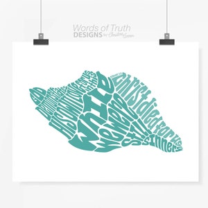 May include: Teal blue word art in the shape of a seashell. The words include "God", "demonstrates", "His", "love", "for", "us", "in", "that", "while", "we", "were", "yet", "sinners", "Christ", "died", "for", "the", "ungodly". The text "Romans 5:8" is also included.