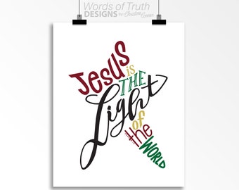 DIGITAL Star Scripture Bible Verse Word Art Print, John 8:12 Jesus is the Light of the World, Hand Lettered Christmas Wall Decor