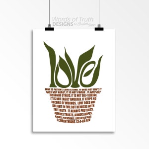 DIGITAL Love is Patient Printable, Plant Lover Gift for Mother's Day, 1 Corinthians 13 Unique Wedding Gift, Bible Verse Scripture Art