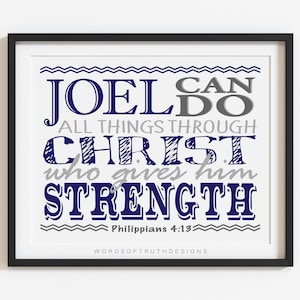 Personalized Philippians 4:13 Word Art Print, I Can Do All Things Bible Verse Art for Boy Athletes, Christian College Room Decor
