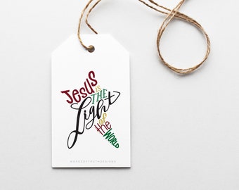 PRINTABLE Christmas Gift Tags with Star Scripture Word Art featuring John 8:12 Jesus is the Light of the World