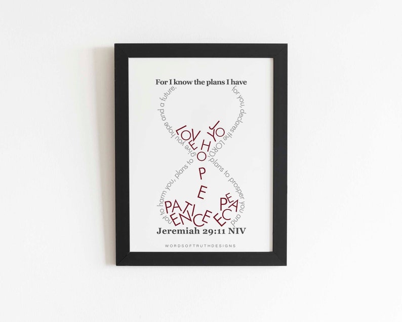 Jeremiah 29:11 Plans I Have for You Modern Christian Art, Hourglass Scripture Bible Verse Word Art Print, Graduation Gift Dark Red