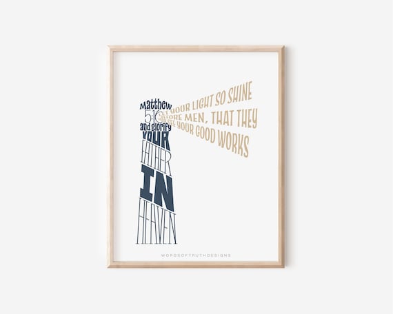 Matthew 5:16 Biblical Wall Art, Nautical Nursery Wall Art Print, Let Your Light Shine Lighthouse Beach House Decor, FRAME NOT INCLUDED
