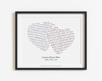 Custom Two Hearts Wedding Vows Art Print, Personalized Paper First Wedding Anniversary Gift for Him and Her, Anniversary Gift for Parents
