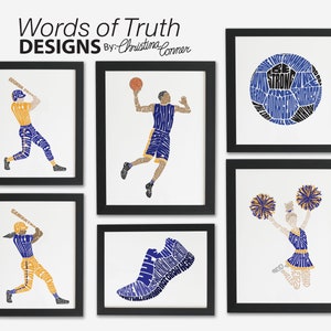 May include: Six framed word art prints featuring different sports figures, including a baseball player, basketball player, soccer ball, cheerleader, and a running shoe. The figures are made up of words in blue and gold.