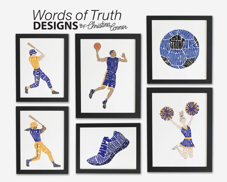 May include: Six framed word art prints featuring different sports figures, including a baseball player, basketball player, soccer ball, cheerleader, and a running shoe. The figures are made up of words in blue and gold.