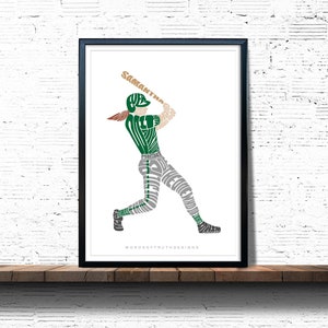 May include: A green and white baseball player silhouette made of words. The player is in a batting stance with a bat in their hands. The words "Samantha" and "WORDSOFTRUTHDESIGNS" are visible in the image.