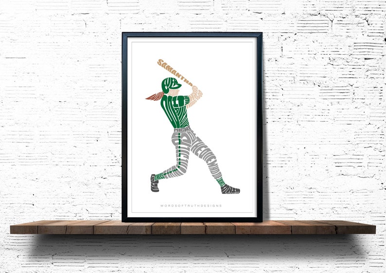 May include: A green and white baseball player silhouette made of words. The player is in a batting stance with a bat in their hands. The words "Samantha" and "WORDSOFTRUTHDESIGNS" are visible in the image.