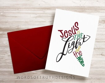 Printable Christmas Card with Star Scripture Word Art, John 8:12 Jesus is the Light of the World, Blank Card