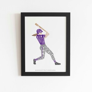 May include: A purple and gray baseball player silhouette made of words, with a brown bat. The words include "play", "panthers", "game", "team", "spirit", and "love". The text "WORDSOFTRUTHDESIGNS" is at the bottom of the image.