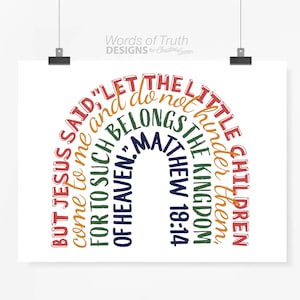DIGITAL Rainbow Scripture Print, Mathew 19:14 Little Children Bible Verse Word Art, Rainbow Nursery Wall Decor, Rainbow Baby Shower Gift