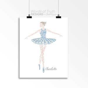 May include: A blue and pink word art design of a ballerina with the words "Praise Him with tambourine, flute and harp, dance and sing, let everything that hath breath praise the Lord" and the name "Charlotte".