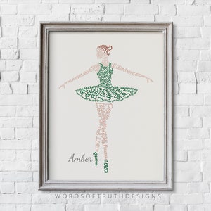 May include: A green and pink word art print of a ballerina with the name "Amber" at the bottom. The words in the print are related to music and dance.