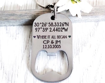 BOTTLE OPENER Key chain - Wedding Coordinates - Husband, Fiance, Boyfriend, Anniversary, Wedding Gift - Anniversary Gift - Best Day Ever
