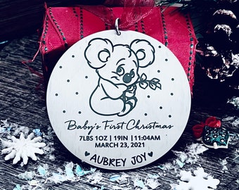 Baby's FIRST CHRISTMAS ORNAMENT • New Parents Gift • Birth Stats • Koala Ornament • Push Present • Gold or Silver Metal • New Baby