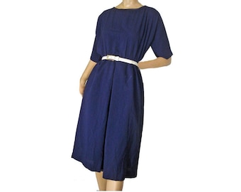 Vintage 1950s Dress Navy Blue Taffeta "Lora Lenox" Size Medium Made in U.S.A.