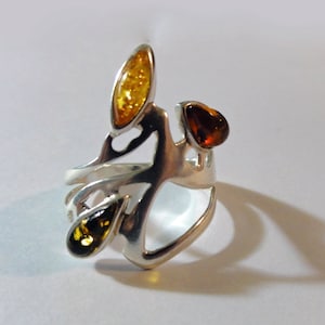 Vintage Avant Garde Statement Ring Multi Color Three Stone Silver