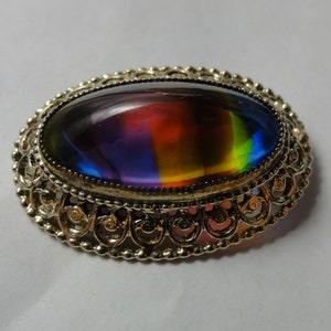Vintage Victorian Revival Colorful Brooch Pin Goldtone Filigree with Oval Cabochon