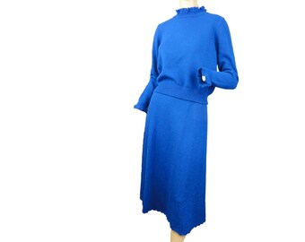 Vintage 1970s Dress Electric Blue Knit Sweater Dress Two Piece Midi Skirt Ruffled Top