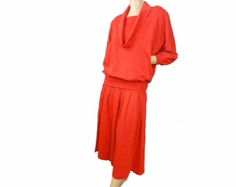 Vintage 1980s Dress Batwing Sleeves Orange Cotton Knit Midi Skirt and Top Peter Popovitch