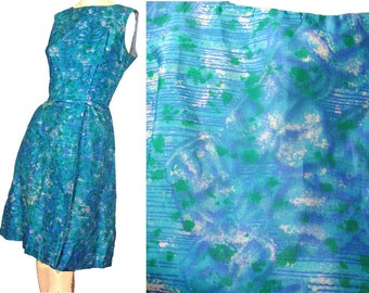 Mod 1960s Dress Blue and Green Abstract Print Silk Sleeveless Summer Frock