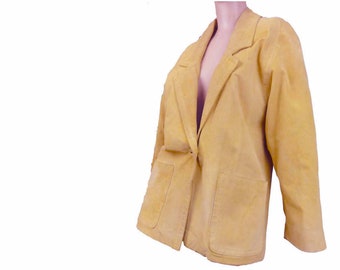 Suede Leather Blazer Vintage 1980s Jacket Gold Size Small