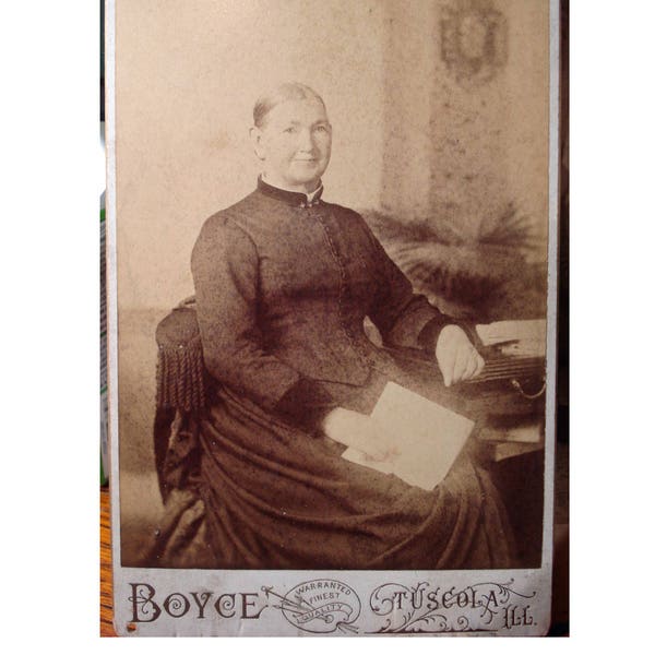 1880s Antique Photograph Cabinet Photo Victorian Lady With a Letter in Fringed Chair Tuscola Illinois Studio