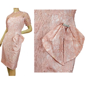 Pink Lace Sheath Party Dress 1950s Vintage Evening Cocktail Gown