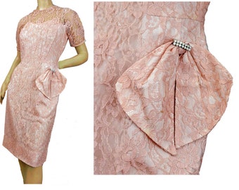 Pink Lace Sheath Party Dress 1950s Vintage Evening Cocktail Gown