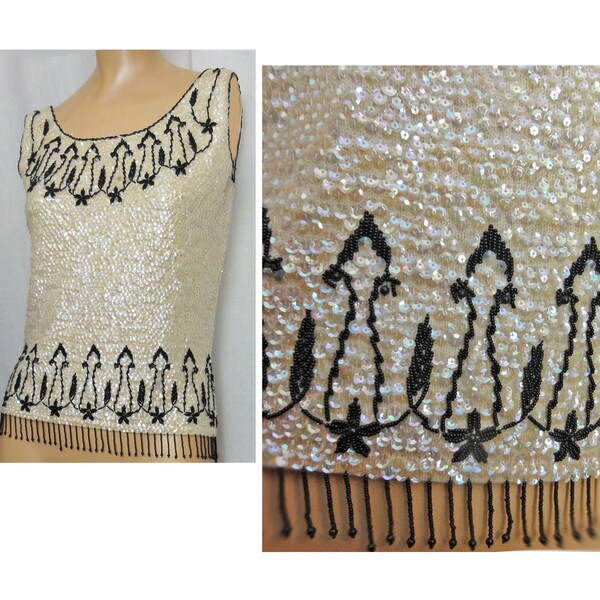 Vintage 1950s Beaded Sweater Shell/Fringed Cream Irridescant Sequins and Black Fringe Sleeveless Tank Top