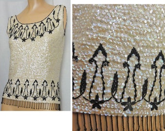 Vintage 1950s Beaded Sweater Shell/Fringed Cream Irridescant Sequins and Black Fringe Sleeveless Tank Top
