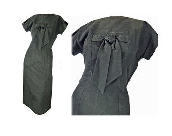 Vintage 1950s Cocktail Dress Black Sheath Designer Label Low Back Laura Lee Originals