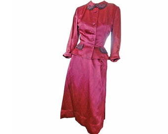 Designer Skirt Suit Mollie Parnis Wine Red Beaded Satin Vintage 1950s Suit Tow Piece Cocktail Dress