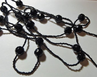 Antique 1920s Beaded French Jet Necklace Long Flapper Black Glass Beads Faceted Art Deco