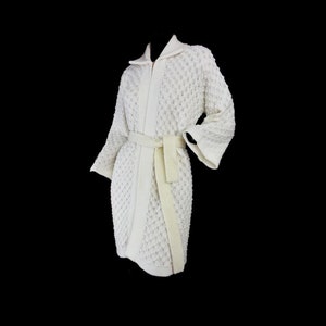 Vintage 1970s Long Sweater Chunky Knit Off White Acrylic Belted Cardigan Duster Jacket