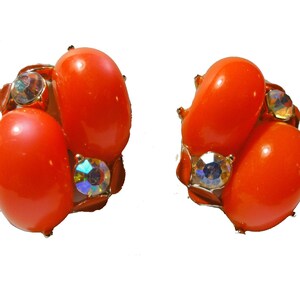 Vintage 1960s Earrings, Orange Jelly Bean Oval Cabochon and AB Rhinestone Clip On Earrings