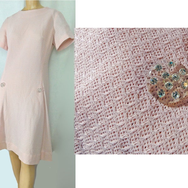 Vintage Mod 1960s Party Dress Pink Sheer Polyester Knit Shift Rhinestone Buttons