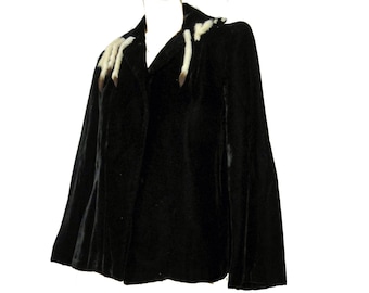 Vintage 1940er Jahre Jacke Schwarze Samtjacke Weiße Pelzborte Blazer Elegant Old Hollywood Glamour