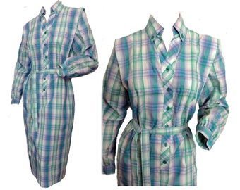 Vintage 1970s Plaid Cotton Day Dress Aqua Blue Green Checked Shift Shirtdress "Schrader"