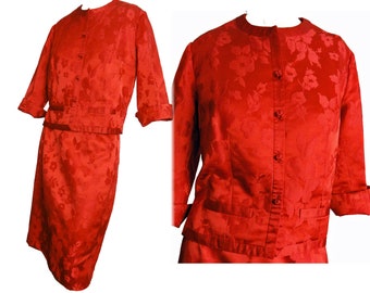 Red Silk Mod 1960s Skirt Suit Cropped Jacket with Blouse Made in Hong Kong