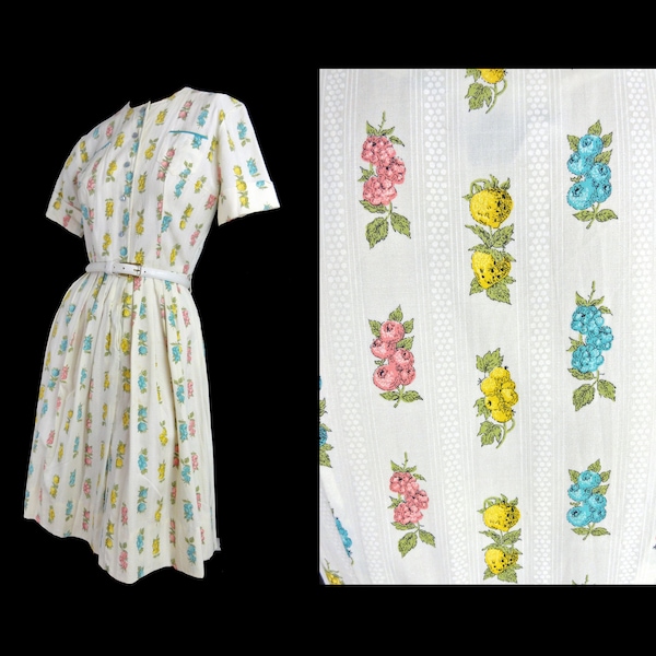 Vintage 1950s Shirtwaist Dress Novelty Print Pastel Fruit "Modern Classic"