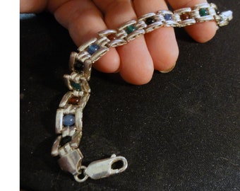 Vintage Signed Silver Bracelet Milor Italy 925 Sterling Multi-Colored Beads Panel Link