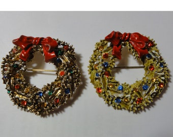 Two Christmas Wreath Brooches Vintage Signed ART Holiday Pins with Enamel and Rhinestones