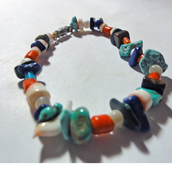 Vintage 1990s Gemstone Turquoise Chips Beaded Bracelet Coral MOP OOAK