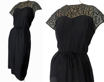 NOS Vintage 1950s Evening Dress Sheer Illusion with Sequin Trim Sheath Size Medium Deadstock