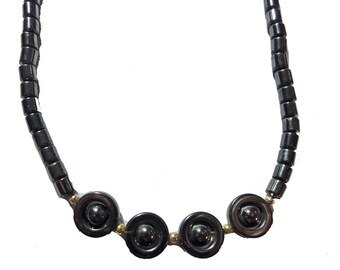 Vintage Hematite Choker Necklace with Circle Beads Gray Black Metallic Gemstones