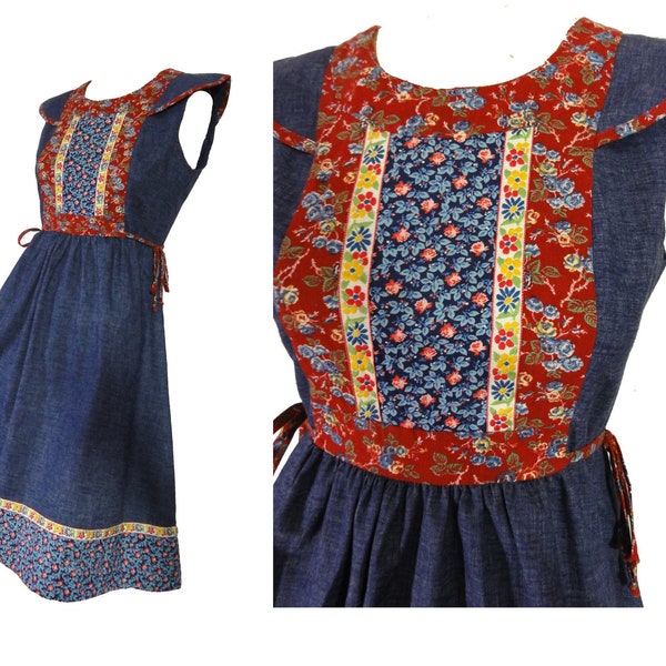 Boho Hippy Vintage 1970s Candi Jones Dress Blue Jean Denim Prairie Sundress